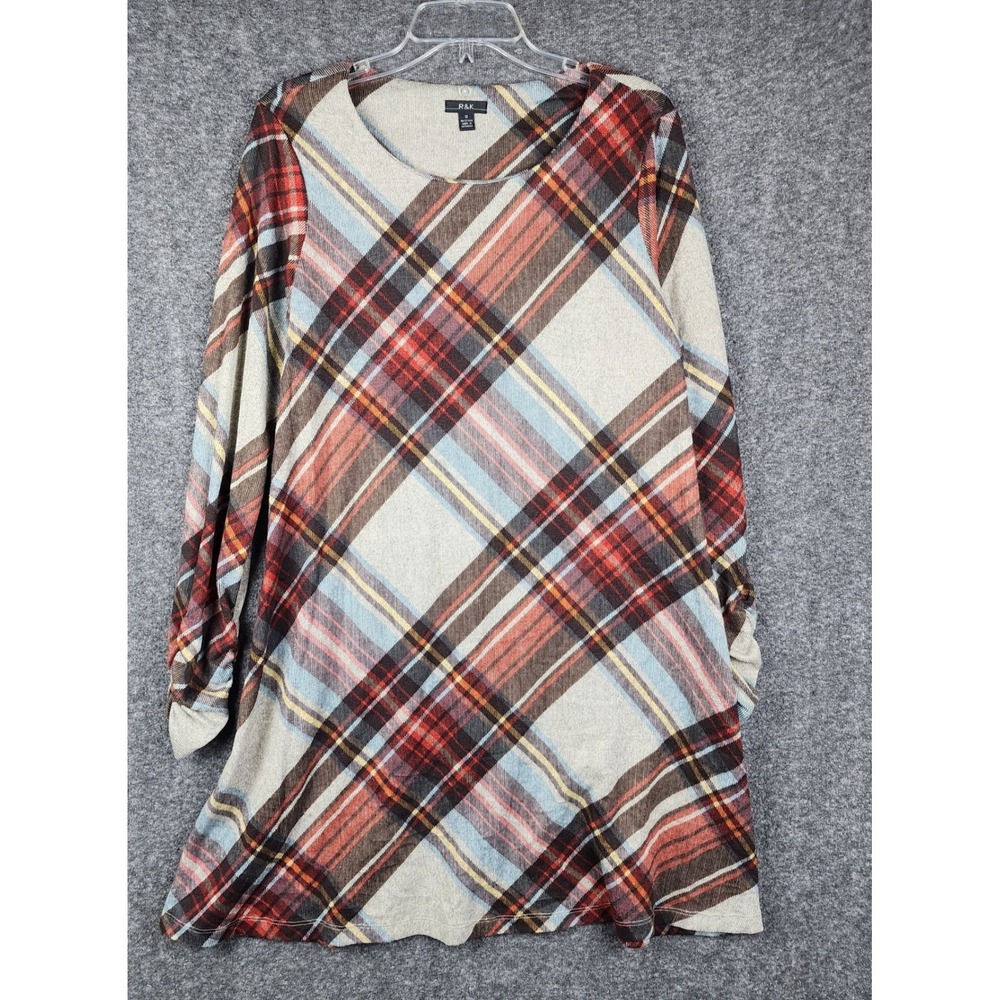 R&K Plaid Knit Dress Womens 12 Multicolor Long Sleeve Ruched A-Line Scoop Neck